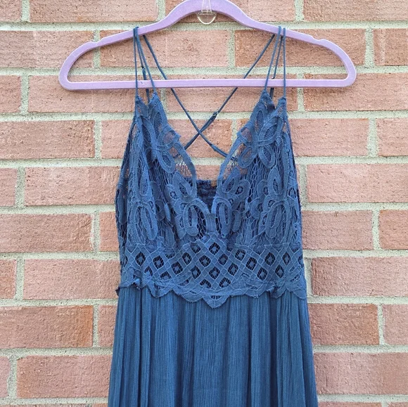 Free People One Strappy Adella Dress Womens Large Slate Teal Ruffle Maxi Large - Picture 7 of 9